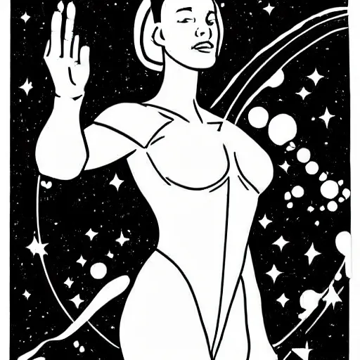 Prompt: clean simple line art of a woman floating in space wearing a space suit. no background. well composed, clean coloring book page, beautiful detailed face. coloring book line art by mike mignola