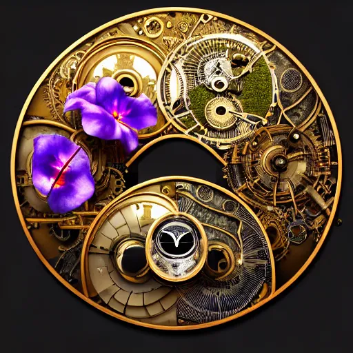 Image similar to a beautiful intricate fine art portrait photo of a mechanical industrial steampunk cybernetic yin yang symbol, overgrown with morning glory flowers, Montserrat leaves by tom bagshaw and zach sutton, golden ratio composition, studio lighting, 50mm lens, very detailed, bionic, cybernetic scifi, deep depth of field, artstation, 8K, highly coherent