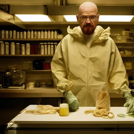 Image similar to Walter white in his lab with Jesse Pinkman Cooking Noodles , 8k UHD photography , perfect faces , award winning , Breaking bad aesthetic