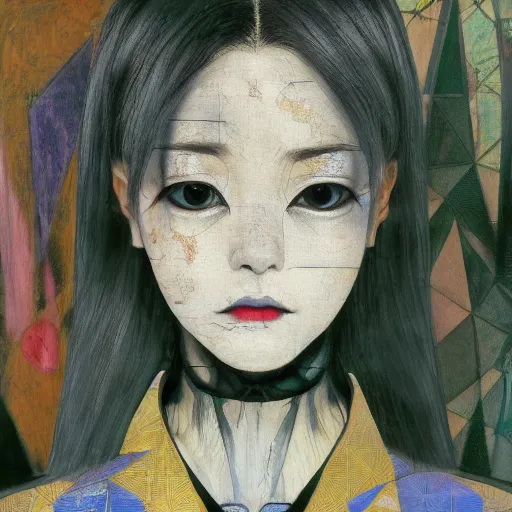 Image similar to yoshitaka amano blurred and dreamy realistic three quarter angle portrait of a young woman with black lipstick and black eyes wearing dress suit with tie, junji ito abstract patterns in the background, satoshi kon anime, noisy film grain effect, highly detailed, renaissance oil painting, weird portrait angle, blurred lost edges