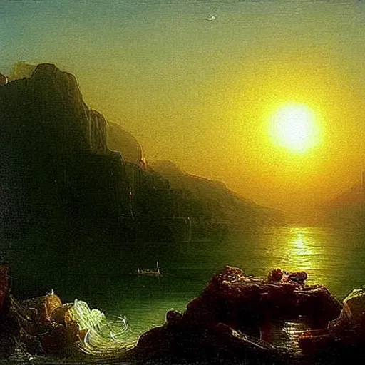 Image similar to The sun is a metaphor for hope. No matter how dark things may seem, there is always light. An oil painting by Thomas Cole