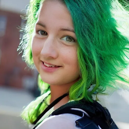 Prompt: beautiful cheeky young woman with dreamy eyes and bright green hair wearing street clothes, full upper body