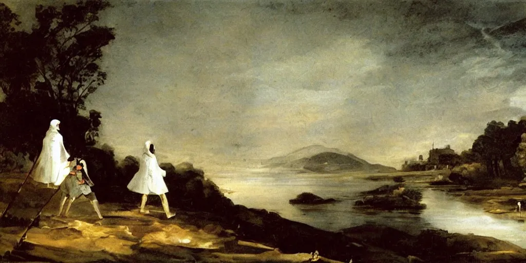 Image similar to hyperrealismBaptism on the river girls in white capes and robot skeletons landscape in style of Goya