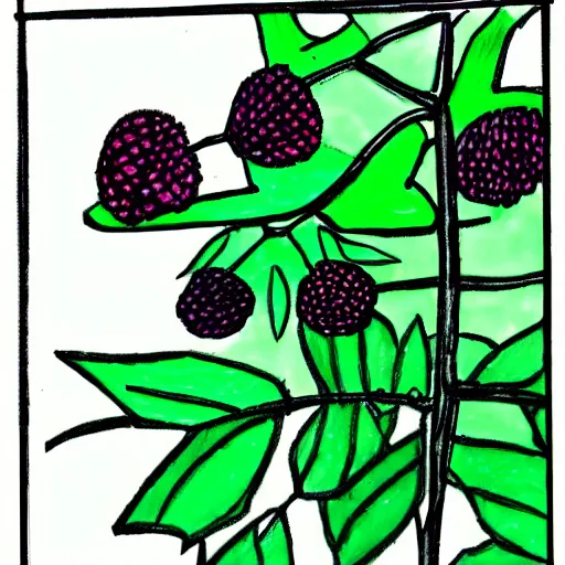 Prompt: children's drawing of a blackberry plant, very poor quality, horrible color palette