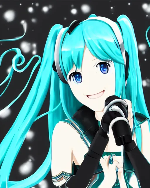 Image similar to Hatsune Miku singing on the scene, symmetrical eyes, beautiful pose, art by Moran