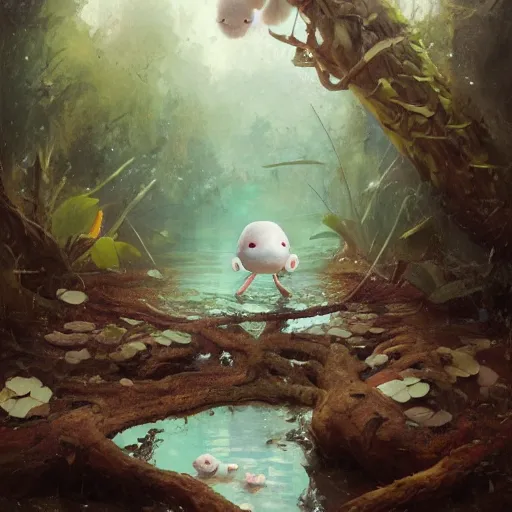 Image similar to Cute adorable sweet marshmallow axolotl crawling from a cacao swamp, salamander, candy world, oil painting, by Greg Rutkowski