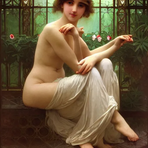 Prompt: ! dream artgerm, william - adolphe bouguereau style, long shot of big sun with one beautiful girl sitting in a corner of an art nouveau style conservatory, intricate, elegant, highly detailed, one woman, 1 9 2 0's style speakeasy, digital painting, artstation, concept art, smooth, sharp focus, illustration,