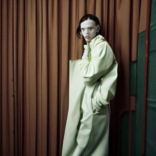 Image similar to realistic photoshooting for a new vetements lookbook, color film photography, portrait of a beautiful woman, photo in style of Tyler Mitchell, wes anderson, Julia Hetta, Tim Walker, Petra Collins, 35mm,
