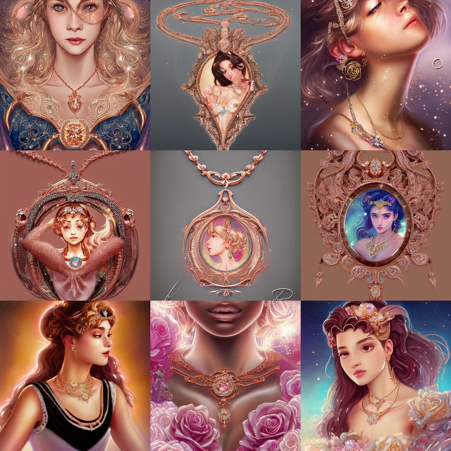 Prompt: a beautiful photorealistic Tiffany Diamond Necklace made of rose gold glowing in sparkles with heavenly notes Neo Rococo, highly detailed sailor moon aesthetic, fantasy, intricate, elegant, highly detailed, digital painting, artstation, extreme plus resolution fantasy concept art, matte, sharp focus, illustration, Artgerm and Greg Rutkowski and Alphonse Mucha