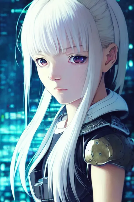 Image similar to portrait Anime girl in cyberpunk armor, cute-fine-face, white-hair pretty face, realistic shaded Perfect face, fine details. Anime. realistic shaded lighting by Ilya Kuvshinov katsuhiro otomo ghost-in-the-shell, magali villeneuve, artgerm, rutkowski, WLOP Jeremy Lipkin and Giuseppe Dangelico Pino and Michael Garmash and Rob Rey