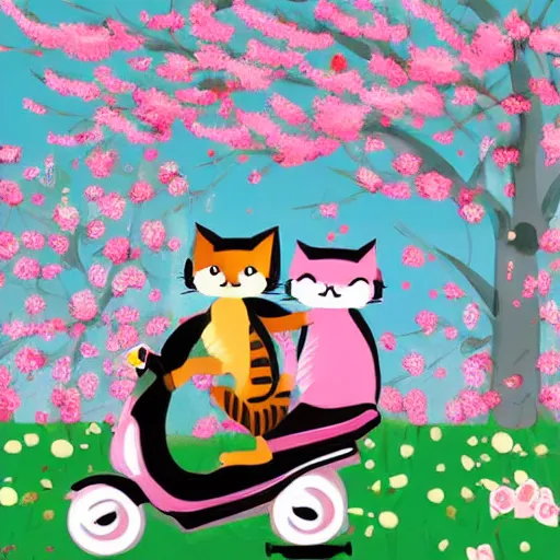 Image similar to a cute artwork of two cats riding scooters through a forest of cheery blossom trees