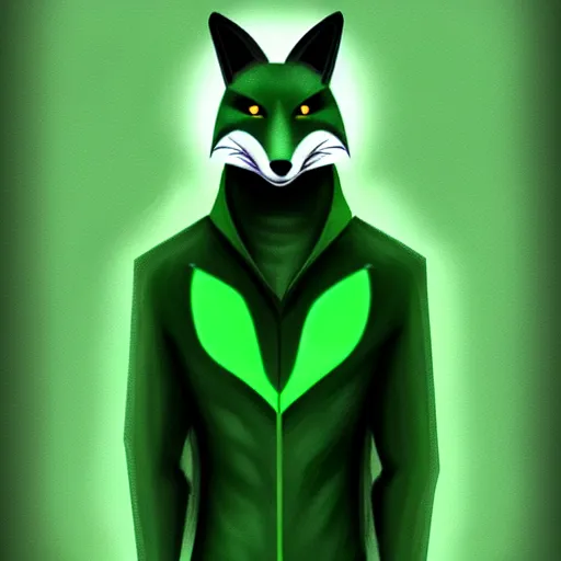 Image similar to anthropomorphized fox in anime style, green and black colors, digital painting, hd, concept art