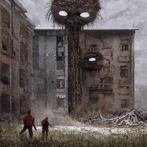 Image similar to painting of a abandoned post soviet town infested with humanoid root monsters by jakub rozalski