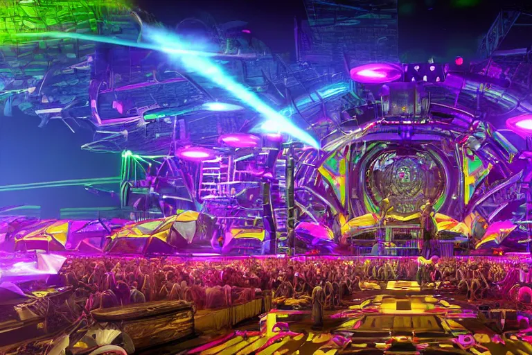 Prompt: an outdoor festival stage, tripmachine, center of the stage is a big futuristic steampunk genrator surrounded by cyberpunk huge speaker towers, rock musicians on the stage, laser show, 8 k, fluorescent colors, halluzinogenic, multicolored, exaggerated detailed, unreal engine