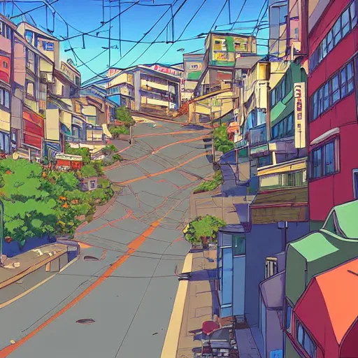 Prompt: city street, sloped street, city on tall hillside, street scene, colorful buildings, cel - shading, 2 0 0 1 anime, flcl, jet set radio future, golden hour, japanese town, concentrated buildings, japanese neighborhood, electrical wires, cel - shaded, strong shadows, vivid hues, y 2 k aesthetic