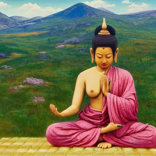 Image similar to contented peaceful biracial!!! female bodhisattva, praying meditating, in a scenic environment, by james christensen and alan bean