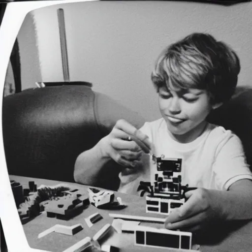 Prompt: a polaroid photograph of a boy building a lego set in his living room on christmas day. 1 9 8 0 s