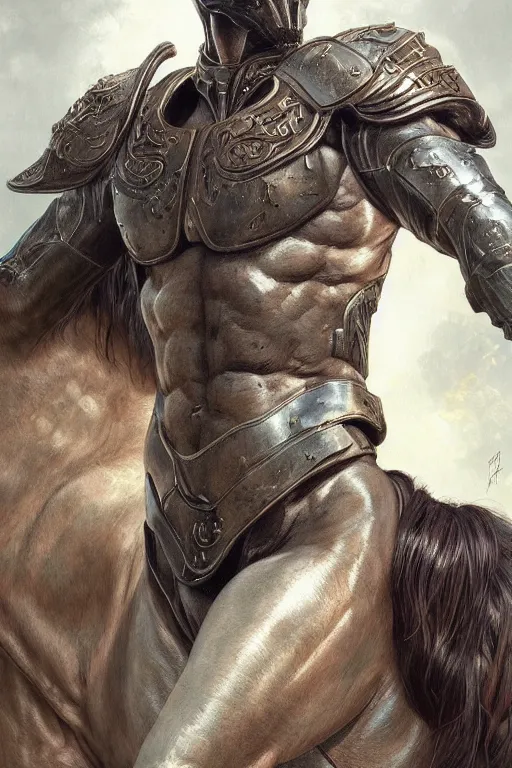 Image similar to portrait of hulking herculean anthro horse security trooper, full bodysuit, godlike, full body, fantasy, intricate, elegant, highly detailed, digital painting, artstation, concept art, sharp focus, illustration, art by artgerm and greg rutkowski and alphonse mucha