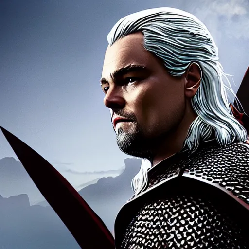 Image similar to Leonardo Dicaprio wearing Geralt of Rivia\'s armor, promo shoot, studio lighting