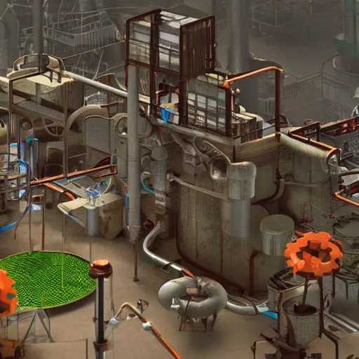 Image similar to 3 d render of a factory videogame. producing magic potions. factorio, rube goldberg. contraptions. clean, arnold render with raytracing.