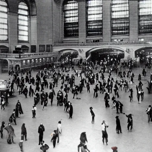 Image similar to colorized photo of water - balloon fight in grand central station 1 9 2 3