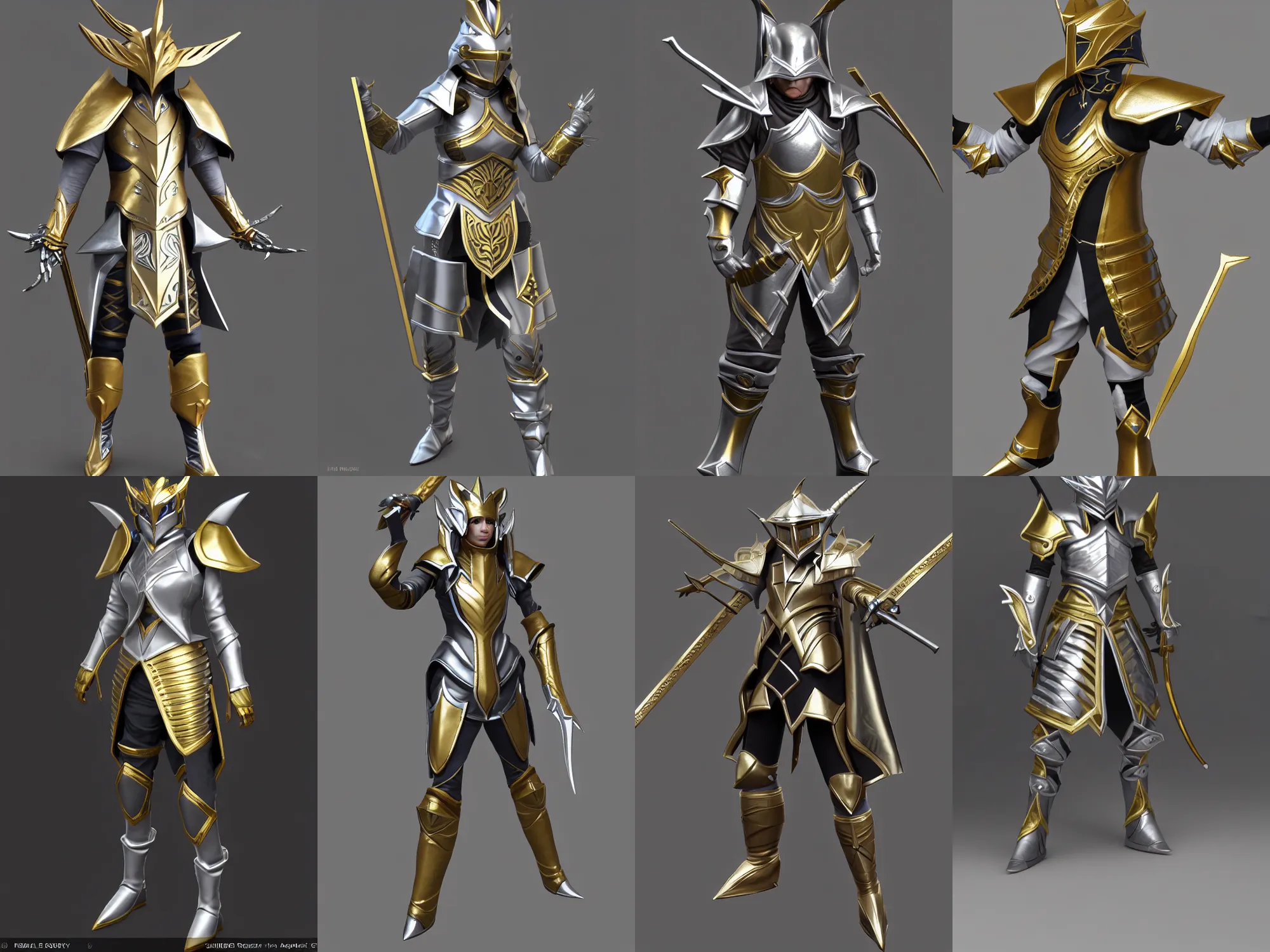 Prompt: render of noble fantasy duelist armor, silver with gold trim, hyperrealistic, extremely clean, flat shading, exaggerated proportions, trending on Artstation, fantasy character concept, HD Octane render, 8k