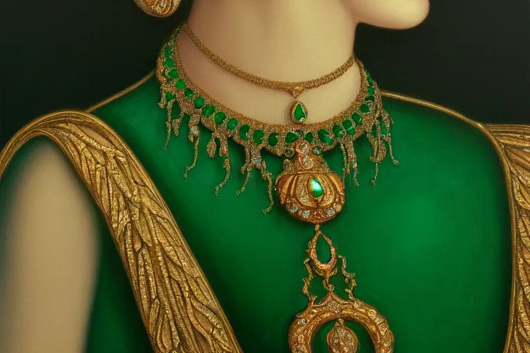 Image similar to highly detailed oil painting, front view, ornate, delicate, brilliant magical emerald choker, necklace on display, octane render, realistic, dramatic light,