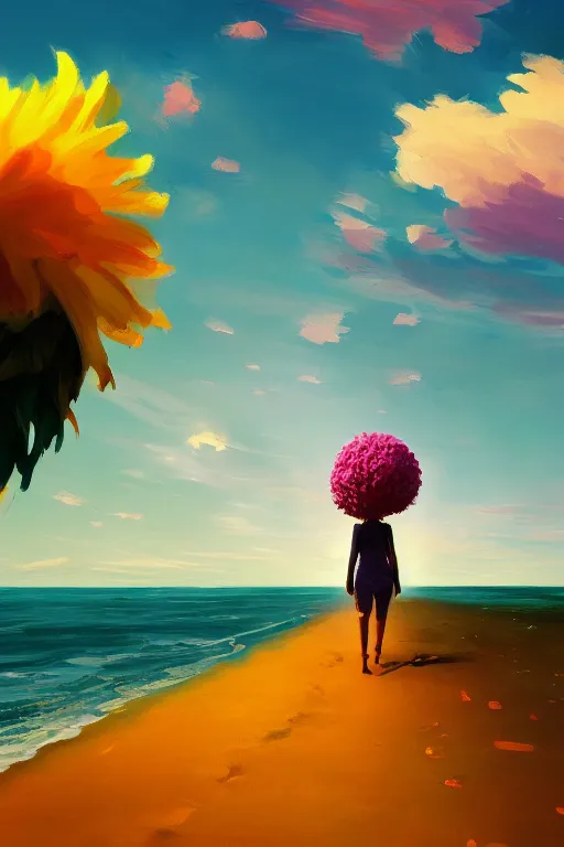 Image similar to giant flower head, girl walking on a beach, surreal photography, sunrise, dramatic light, impressionist painting, colorful clouds, digital painting, artstation, simon stalenhag