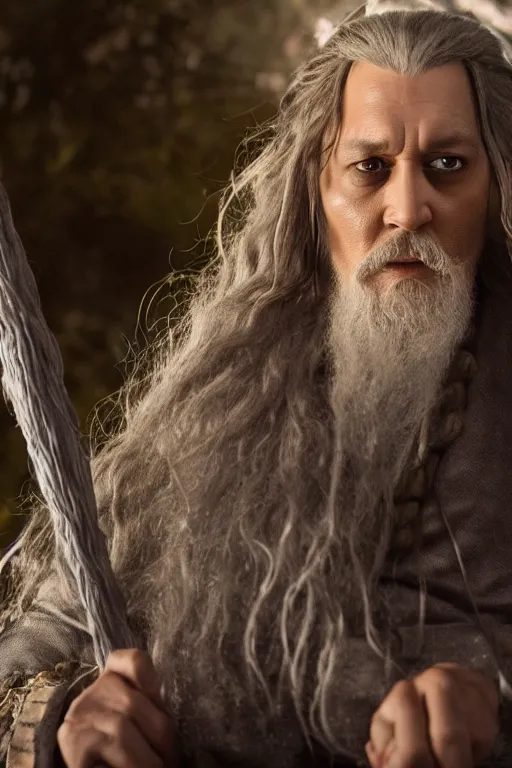 Prompt: film still of johnny depp as gandalf in lord of the rings movie, glamour pose, dramatic lighting, octane, volumetric lighting, 8 k