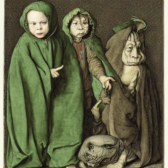 Prompt: a goblin monster and a child in a green hooded cloak, by Hans Holbein the Younger