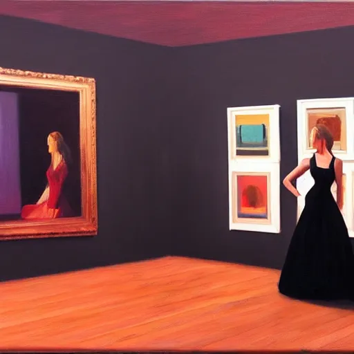 Image similar to a gorgeous woman with a black dress waiting inside a 9 0 s art gallery exhibition, colors americana, cinematic, volumetric lighting, ultra wide angle view, realistic, detailed painting in the style of edward hopper