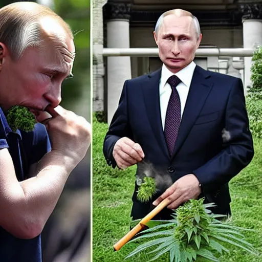 Image similar to Vladimir Putin smoking huge amounts of cannabis with a bong