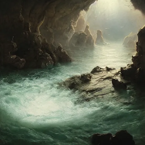 Image similar to an eerie whirlpool, seen from above, in a cave matte painting, fantasy art, by greg rutkowski, by andreas achenbach,