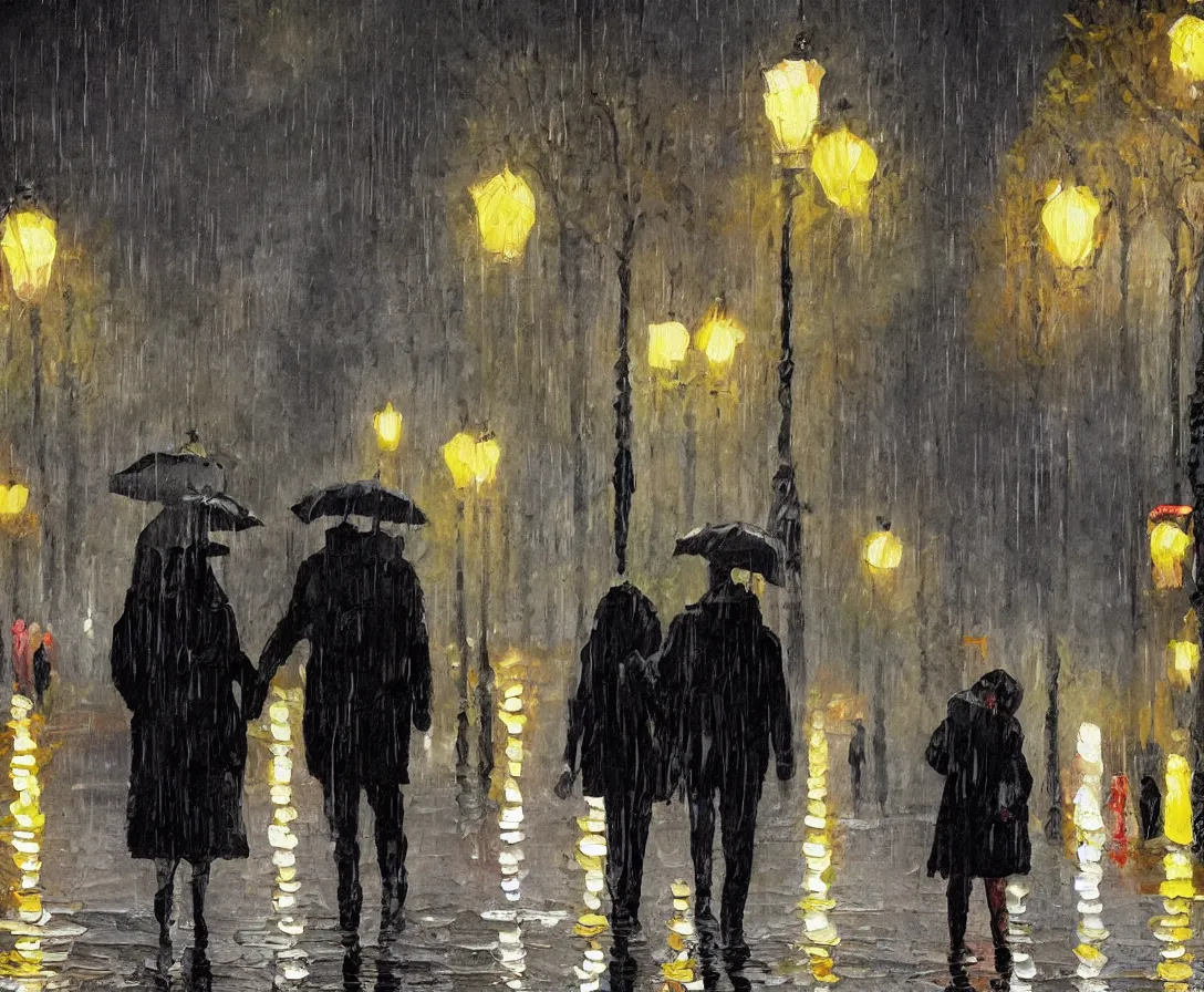 Prompt: a couple walking in the park, oil painting, night time, new york city, rain, wet walkway, park bench, street lights, soft tones