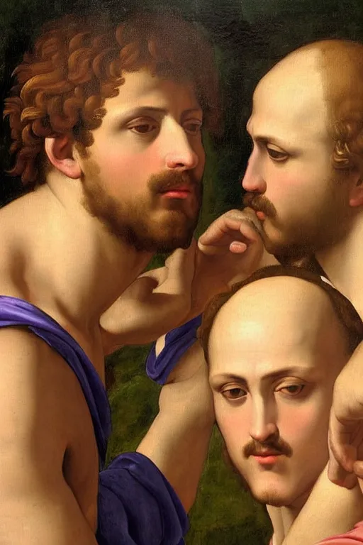 Image similar to renaissance painting of men, portrait, gossip face closeup, emotions closeup, dressed in roman clothes, the beautiful garden with lavender bush everywhere, ultra detailed, art by guido reni style, vincenzo catena style