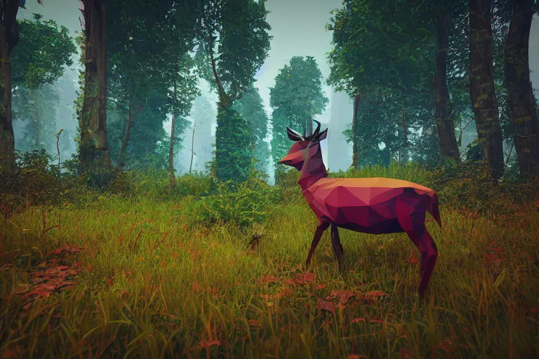 Prompt: super detailed color lowpoly art, red deer in an undergrowth, unreal engine, retrowave color palette, 3 d render, lowpoly, colorful, digital art, perspective