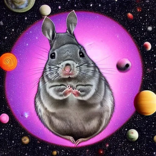 Prompt: thousands of chinchillas floating in space, woman's face floating in the center of the universe