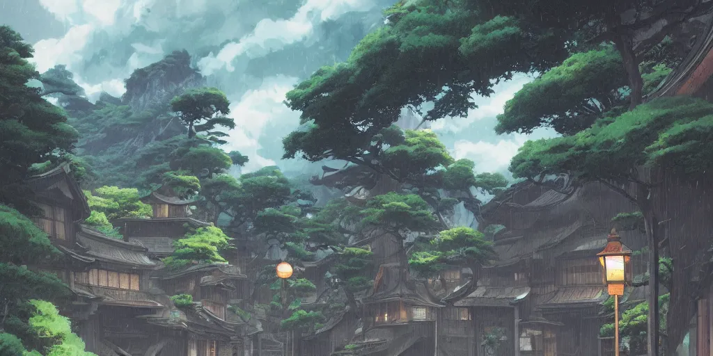 Image similar to An quaint japanese street with verdant mountains in the background, stormy day, god rays, in the style of Arcane, Greg Rutkowski and Studio Ghibli