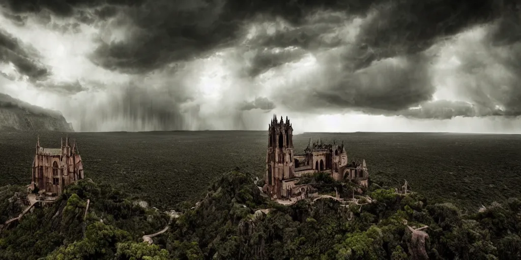 Image similar to dramatic film still of a cathedral by denis villeneuve, gothic architecture, top of a canyon, vultures, 24mm angle, studio ghibli and eddie mendoza, atmospheric, stormy, dramatic skies, moody, dark, cinematic, volumetric lighting, 8K