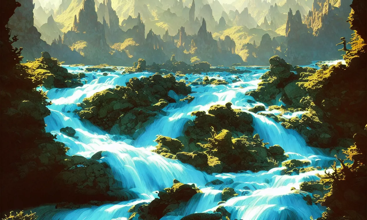 Image similar to Mountain river flows through a fantasy landscape gorge. A big blue lake in the middle of the mountains. Fabulous nature, amazing seascape, highly detailed, digital painting, artstation, concept art, smooth, sharp focus, illustration, art by greg rutkowski and alphonse mucha