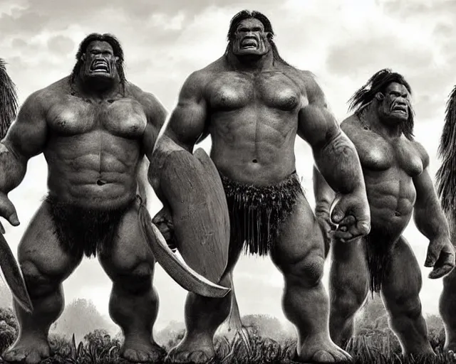 Image similar to hyper realistic group vintage photograph of a live action warcraft orc warrior tribe in the jungle, tall, hulk like physique, detailed faces, tribal paint, tribal armor, grain, old, monochrome, sepia toned, realistic lighting, wide angle