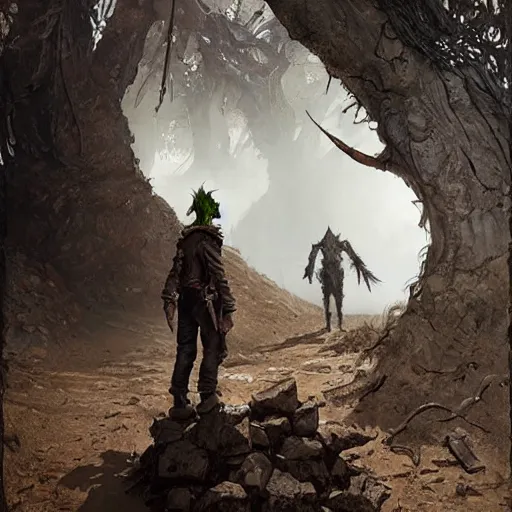 Prompt: a goblin stands in the middle of the dirt trail, his leather clothing hangs loosely, official art by greg rutkowski, featured