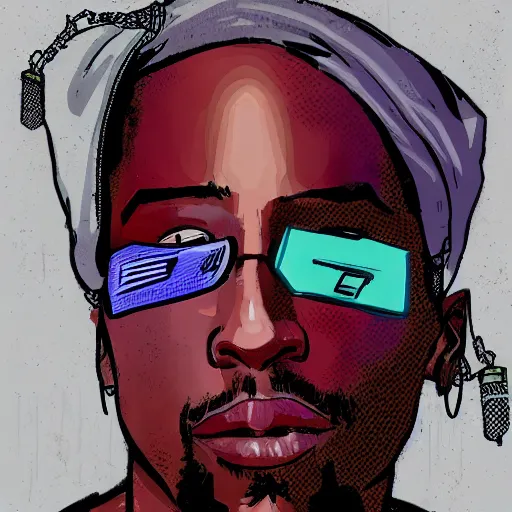 Prompt: Tupac Shakur. Concept art of a perceptive cyberpunk hiphop artist in casual clothing. Cyberpunk 2077 character design by Laurie Greasley and Sherree Valentine Daines