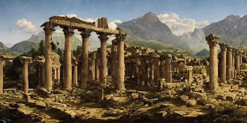 Prompt: roman ruins in mountains by ferdinand knab,