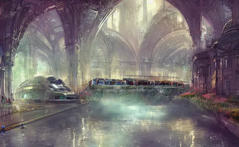 Image similar to An urban train rides inside of a waterway on a fantasy city, next to a fountain and a mystical palace. By William-Adolphe Bouguerea, Jordan grimmer, fractal flame. Highly_detailded