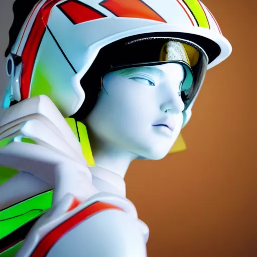 Image similar to extremely beautiful photo of a white marble statue of a girl with colorful motocross logos and motorcycle helmet with closed visor, colorful smoke in the background, carved marble statue, symmetrical, vogue, fine art, neon genesis evangelion, virgil abloh, offwhite, denoise, highly detailed, 8 k, hyperreal