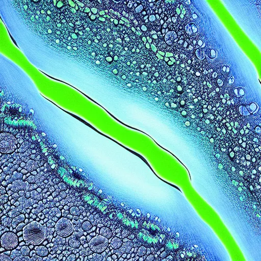 Prompt: tunneling electron microscope image of liquid oxygen migrating across the cell membrane of a mitochondria oblong organelle. liquid dots penetrating crossing cell membrane edge. dividing crossing over eukaryote membrane. false color. mit technology review. cell journal. nobel prize winning. ultra detailed 8 k tiff