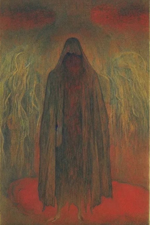 Image similar to strange cloaked figure with beard and red eyes, doom fantasy, mikalojus konstantinas ciurlionis