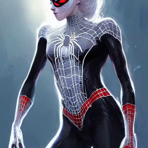 Image similar to full body portrait of white haired girl in spider man suit, super hero, webs, highly detailed, digital art, artstation, concept art, smooth, sharp focus, greg rutkowski, wlop