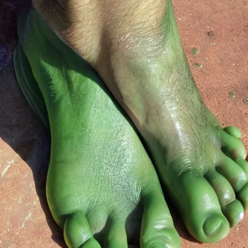 Prompt: close up of shrek's beautiful oiled green feet